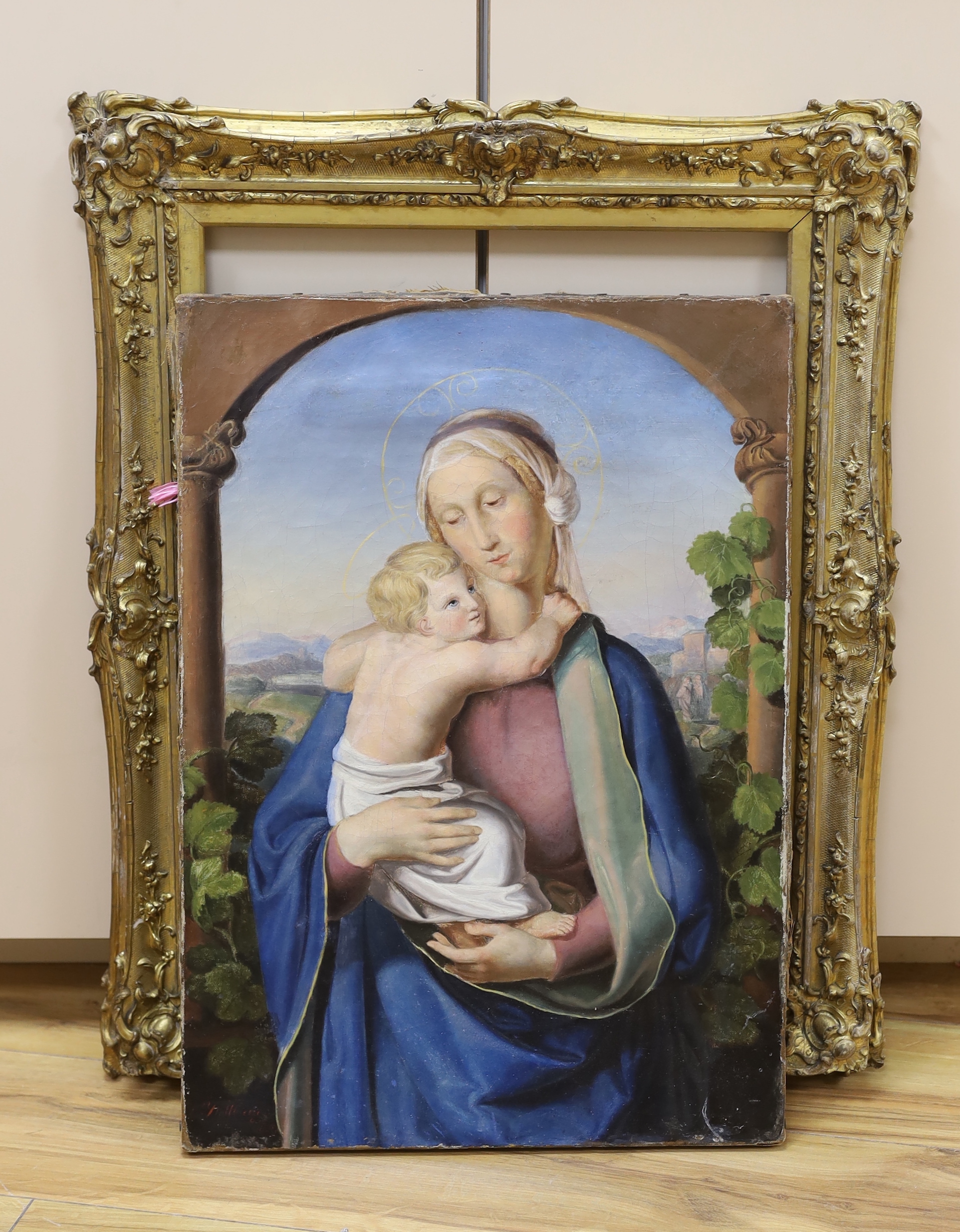 Mid 19th century Italian oil on canvas, Madonna and child, indistinctly signed and dated 1839 lower left, 51 x 36cm, with associated gilt frame